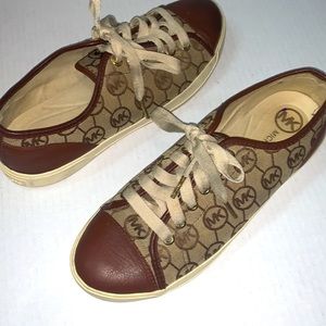 Michael Kors, City sneakers, size 10 brown leather cream canvas, gold hardware